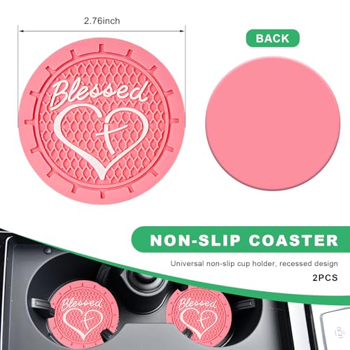 2 PCS Car Cup Holder Coaster, 2.76 Inch Non-Slip Auto Drink Mats with Blessed Cross and Heart, Shockproof Christian Cup Insert Coaster for Most Vehicles, Car Accessories (Pink) - color: Pink