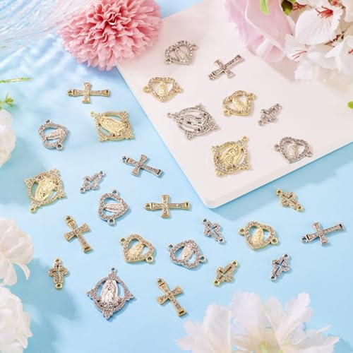 Elecrelive 40Pcs Rosary Cross and Center Miraculous Medal Charms Rosary Connector Link Crystal Pendants 8 Styles for Miraculous Medal Necklace Rosary Making Supplies - color: Platinum Golden