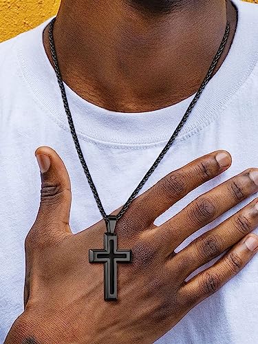 ChainsHouse Cross Necklace for Men, Black/18K Gold Plated/Stainless Steel Christian Jewelry Cross Pendant Necklace for Men, with Gift Box - color: b: Dripping Oil Cross-Black