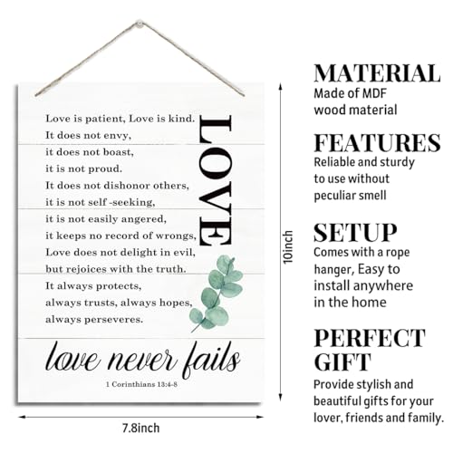 Rustic Hanging Wood Plaque Sign - Christian Decor for Home Wall, 1 Corinthians 13:4-8 - Love is Patient, Kind, Fails Not - color: 1 Corinthians 13:4-8
