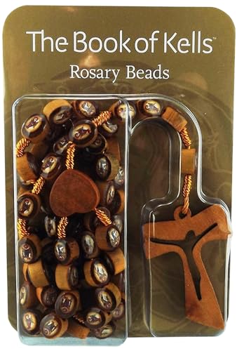 The Book of Kells Wooden Rosary Beads with Evangelist Images, Tau Cross, and Heart-Shaped Centrepiece (7.08” × 4.72” × 0.59”)