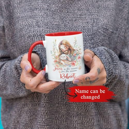 Customized Cup Featuring Jesus And Bunny Illustration, Christian Coffee Mug 11oz 15oz, Custom Name Religious Cup For Adults, Personalized Christian Ceramic Mug, Gift For Christian Holiday - color: XUA-324-1553-JESUS AND RABBIT MUG