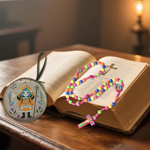 Rosary Beads Rosarios Catolicos, Colorful Plastic with Blue and Red Pendant Crosses, Pocket for Women with Rosary Box, Baptism Easter Gifts - color: Pink, style: J