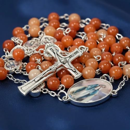 Nazareth Store Natural Stone Beads with Miraculous Epoxy Heart Metal Beads Rosary Necklace Gemstone Christian Gifts - color: Red Aventurine