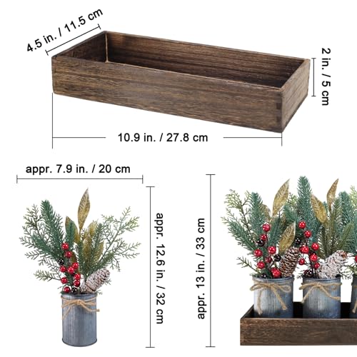 Winlyn Christmas Floral Arrangement Farmhouse Centerpiece Faux Pine Branches Pinecone Red Berry Stems Glitter Leaves Christmas Picks in Galvanized Pots with Wood Box for Holiday Table Décor