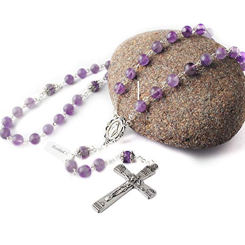 HanlinCC Catholic Rosary Natural Amethyst Stone Beads Necklace for Women