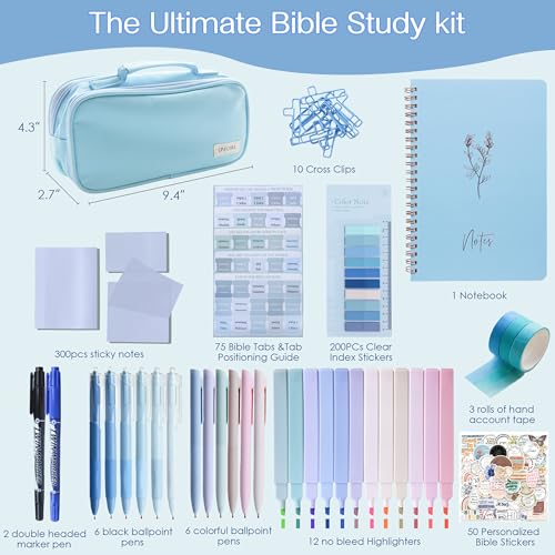 J6&H6 170Pcs Complete Bible Study Supplies Journaling Kit with Tabs, Highlighters and Color Pens, Notebook,Stickers & More Bible Accessories Set for Women, Beginner Christian Gifts(Blue) - color: Blue