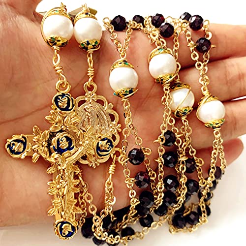 elegantmedical handmade Gold Ladder to Heaven Garnet Beads Catholic Rosary crucifix Necklace box - color: Gold Garnet +Pearl