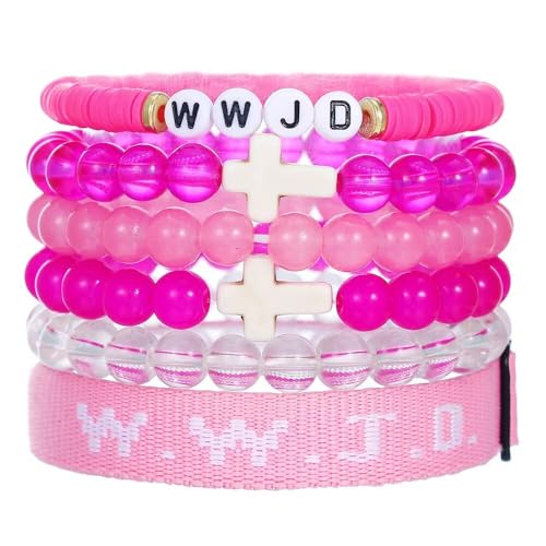 WWJD Bracelets Set WWJD Wristbands Christian Cross Bracelet Stackable Clay Bead Bracelets Stretch Glass Beaded Inspirational Christian Jewelry Gift for Couples Women Men - color: 6Pcs Pink