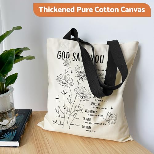 Canvas Tote Bag Aesthetic for Women, Cute Tote Bag with Zipper Pocket, Heavy Duty Reusable Shopping Bags for Grocery - color: 05-bible God Says