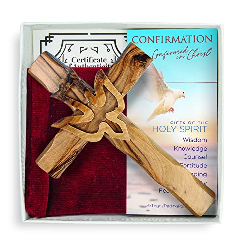 Holy Spirit Dove Confirmation Sacrament Cross, Boxed Gift Set with Certificate of Authenticity, Prayer Card, & Velvet Pouch, For Boys & Girls, Catholic & Christian Holy Land Olive Wood From Israel - color: Holy Spirit Dove Confirmation