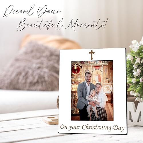 New Baby Wooden Frame Suitable For 5x7 Inch Photo - On Our Christening Day - Modern Farmhouse Home Tabletop Shelf Display Picture Frame - Baptism Newborn Baby Keepsake Gift - A15