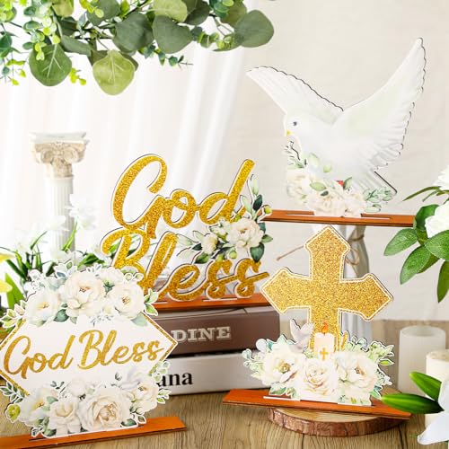 Vicenpal 4 Pcs God Bless Baptism Centerpieces for Tables Wooden First Communion Decorations Cross Table Centerpieces, Religious Party Table Decor for Baptism First Communion Baby Shower Church