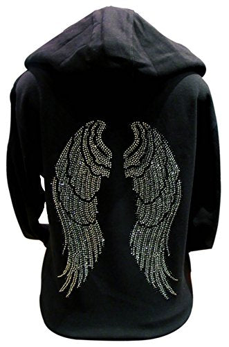 Black and Silver Rhinestone Angel Wings Long Sleeve Hooded Zipper Sweater Black - size: Medium