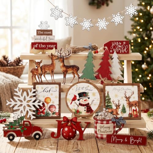 Vercraft Christmas Tiered Tray Decor Xmas Wooden Table Decor, Farmhouse - style: Farmhouse Christmas