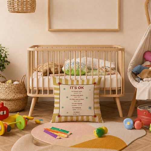 Motivational Christian Kids Pillow Cover 18x18, It's OK to Trust God Bible Verse Yellow Striped Decorative Pillow Cover Pillowcase for Kids Toddler Room Nursery Playroom - color: It's Ok