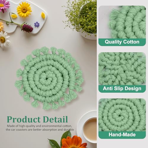 2 Pack Cotton Car Coasters for Cup Holders, Car Cup Coasters Drink Holder Cute Macrame Boho Cup Holders Car Interior Accessories for Women, Girl-Sage Green - color: Sage Green