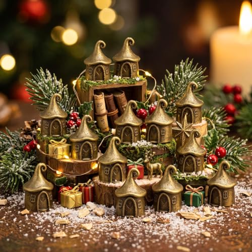Civaner 50 Pcs Mini Brass Fairy Garden House, Christmas House Figurines - style: Christmas Village