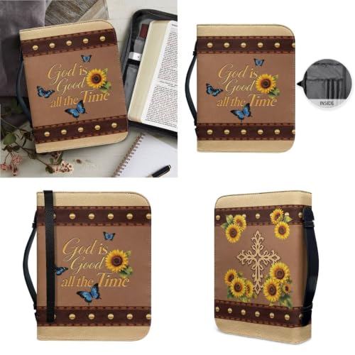 PU Leather Bible Cover Church Bible Bag with Bookmarks Book Covers Blue Butterfly Sunflower Print Carrying Bible Case with Zippered Pockets for Prayer, M - color: Blue Butterfly Sunflower, size: Medium