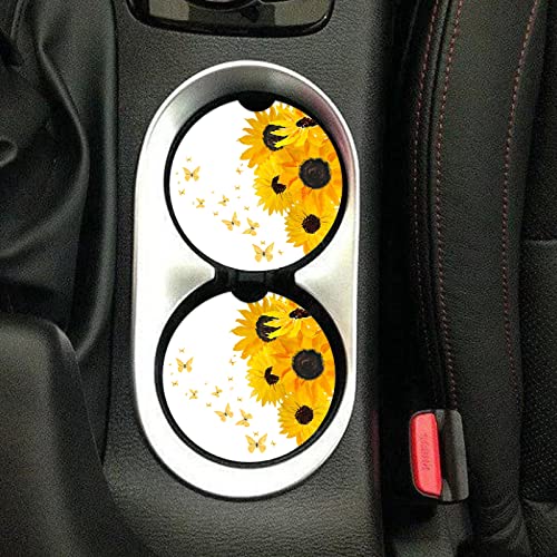 Car Coasters 2 Pack, Small 2.56" Stone Car Cupholder Absorbent Coaster Set for Women Men Drink Cup Holder Coasters (Sunflower&Butterfly) - color: Sunflower&butterfly