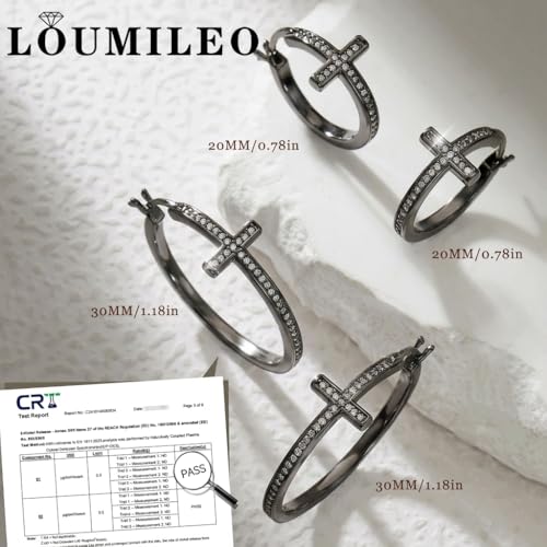 LOUMILEO Sterling Silver Cross Hoop Earrings for Women Rhinestone 20-40MM - color: Black 20MM