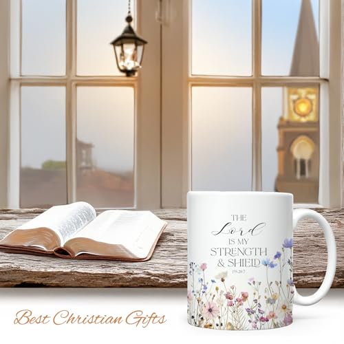 Christian Gifts for Women Ceramic Coffee Mug, Religious Gifts, Inspirational Scripture Coffee&Tea Mug, Bible Verse: The Loved is My Strength, Microwave and Dishwasher-safe (White-Little Flower)