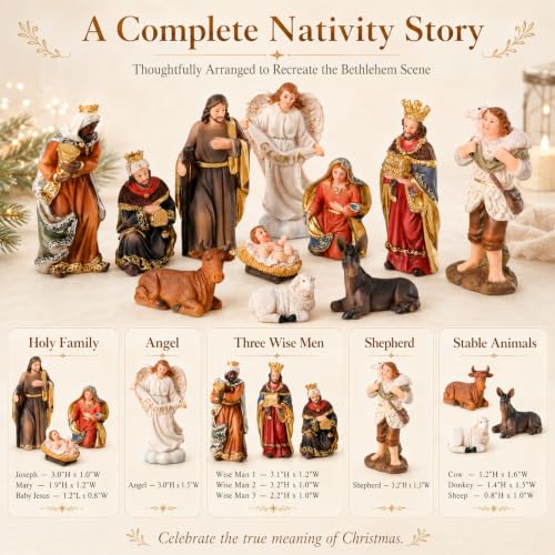 Mini Nativity Set Indoor, Holy Family Christmas Figurines for Home Display - color: Brown