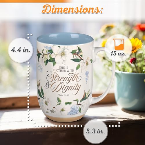 Christian Art Gifts Large Ceramic Clay Base Coffee Scripture Mug for Women - color: White & Light Blue Floral/Strength & Dignity, size: 15 Ounces