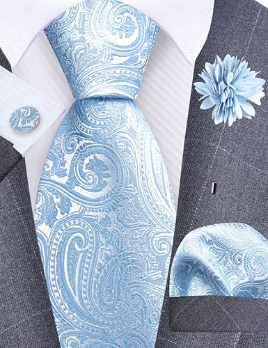 GUSLESON 3.15"(8cm) Mens Tie and Lapel Pin Paisley Necktie Hankerchief Cufflinks Set for Men - color: Baby Blue