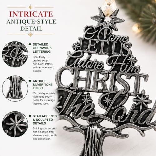 O Come Let Us Adore Him Christmas Ornament, Antique Silver Tone Christian Tree Ornament, Christ the Lord Religious Holiday Decoration, 3 Inch