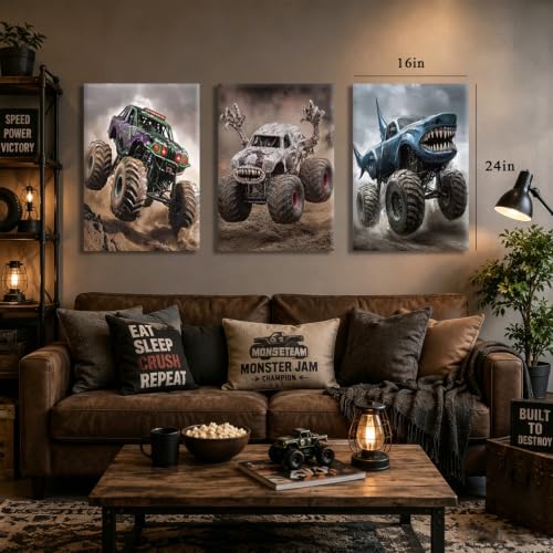 CXQILVER Monster Truck Canvas Wall Art Set of 3, Racing Car Wall Decor Painting Funny Cartoon Poster prints Pictures for Kids Boy Bedroom Playroom Home Decor 16x24 Inch Framed - color: Grey racing car, size: 24"L x 16"W