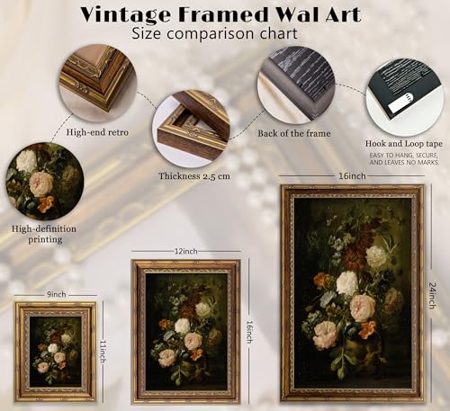 VZKRHPGA Vintage Gold Framed Flowers Wall Art,Dark Flower Painting Prints - color: Black Flowers in a Bottle, size: 11"L x 9"W