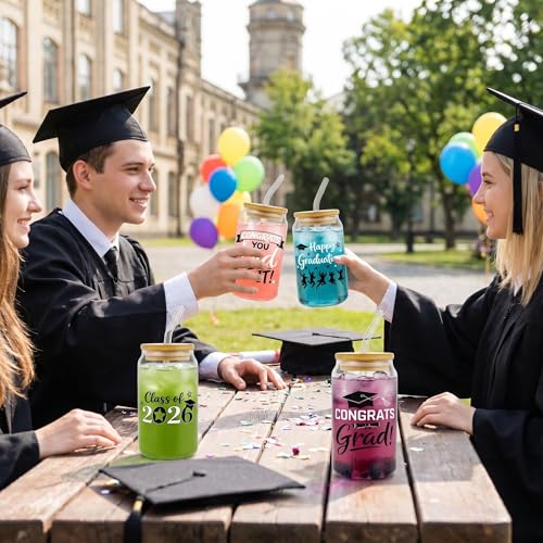 Glass Cups with Lids and Straws, 4Pack, 16oz, Graduation Grad - color: Happy Graduation