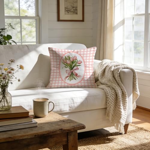 Coquette Pink Bow Tulip Floral Plaid Throw Pillow Cover 18x18, Girly Preppy Pink Flower Cottagecore Decorative Pillow Covers for Girls Room Dorm Bedroom Apartment Bed Couch - color: 02color