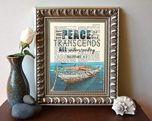 The Peace of God Transcends All Understanding, Philippians 4:7, Art Print, Unframed, Vintage Bible Verse Scripture Page, Rowboat Nautical Christian Wall Decor Poster Gift, 8x10 Inches