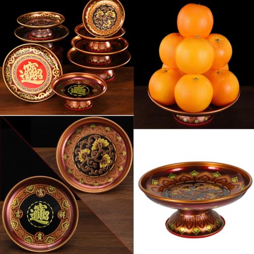 Buddhist Plate Offering Bowls Food Dessert Snack Fruit Tray Blessing Tinplate Bowl for Altar, Dark Red Metal Plate for Shrine, Hindu,Sweets, Incense (6 Inch)