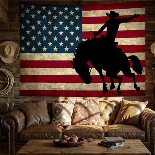 LB Western Cowboy Tapestry Vintage American Flag Tapestry for Bedroom Cool Man on Black Horse Tapestries Wall Hanging for Living Room College Dorm Wall Decor,60x40 inches - color: Black Red, size: 40"L x 60"W