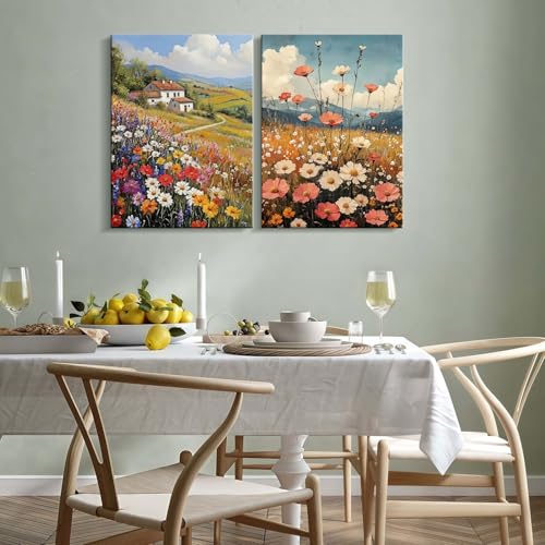 2pcs Framed Vintage Oil Painting Style Canvas Paintings Country Wildflowers Pastoral Scenery Farmhouse Wall Decor Floral for Bedroom Kitchen Office Cafe Landscape Artwork Ready to Hang 12x16 Inch - color: Vintage farmhouse oil painting wildflowers, size: