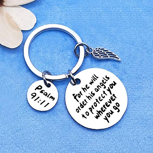 Dabihu Christian Gift Keychain Religious Gift Bible Verse Keyring Baptism Christmas Easter Birthday First Communion Gift - color: For He Will Order His to Protect You Wherever You Go Silver Keychain