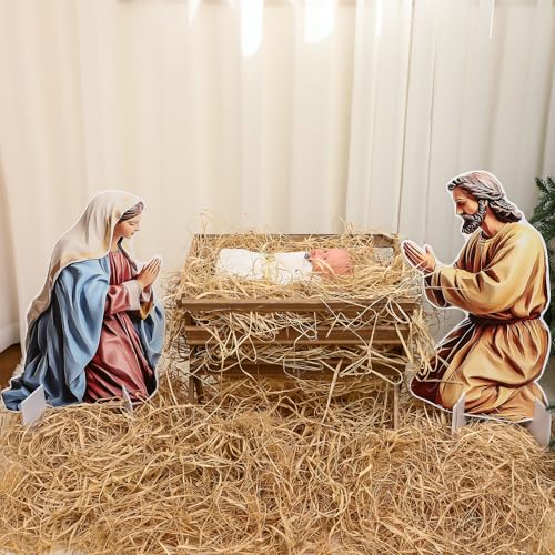 Chunful 10 Pcs Large Nativity Scene Set 19 Inch Wooden Manger Baby Jesus Holy Family with Light Nacimiento De Jesus Decor Traditional Religious Christmas Indoor Outdoor Decoration