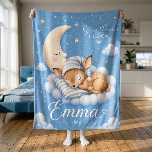 Personalized Baby Blanket With Name, Custom Baby Blankets Gift for Boy Girl - color: Cloud Blue, size: Deer