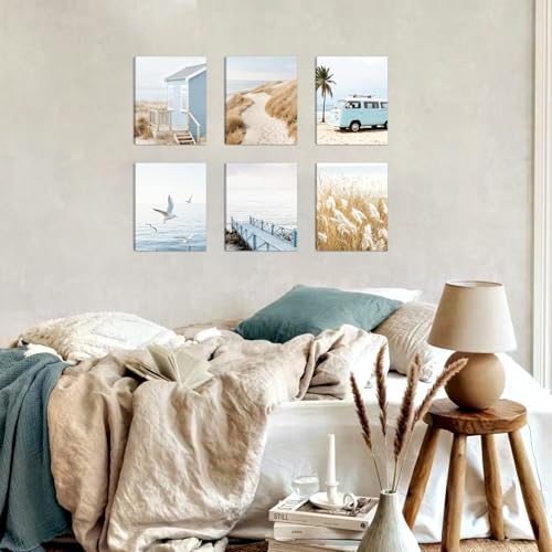 HOURIA Framed Beach Coastal Canvas Wall Art,(Set of 6,8”x10”) Neutral Beach Pampas Grass Seascape Wall Art, Blue Beach House Decor, Seagulls Van Summer Tropical Beachy Decorations - color: Summer Coastal Beach Canvas Wall Art, size: 8X10inches