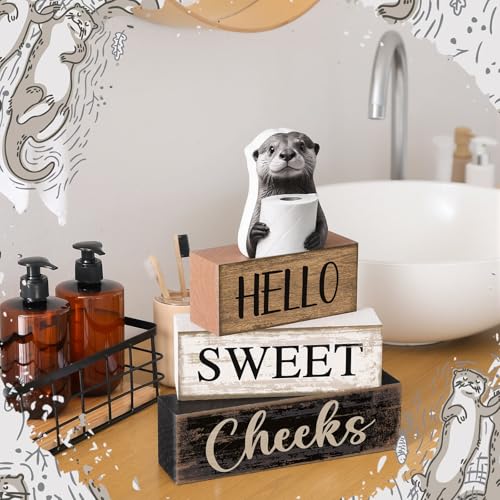 Moucuny 4 Pcs Otter Bathroom Decor Wooden Block Signs Hello Sweet Cheeks - style: Bathroom Otter