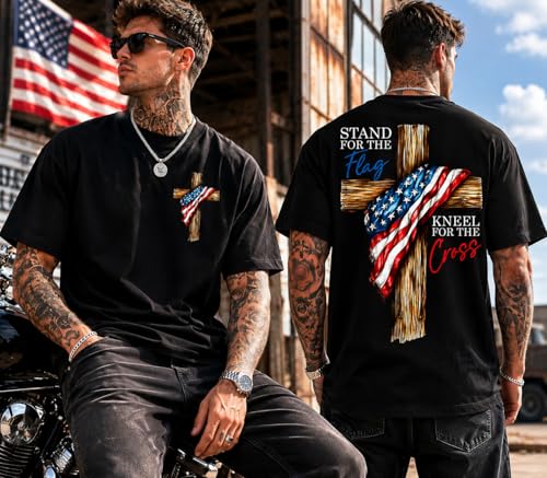 Christian Shirts for Men Women Stand for The Flag Kneel for The Cross Shirt - color: Black, size: X-Large