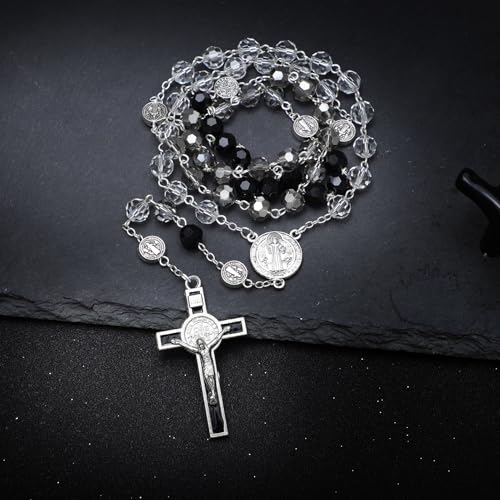KOMI Crystal Rosary Beads with Jesus Crucifix, Catholic Necklace for Women First Communion Rosarios Wedding Rosary with Velvet Bag - style: 8MM-B