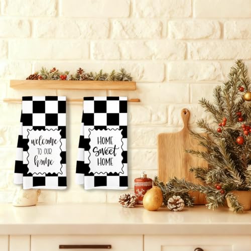 Black White Check Welcome Home Sweet Home Kitchen Towels Set of 2 - color: Sweet Home D