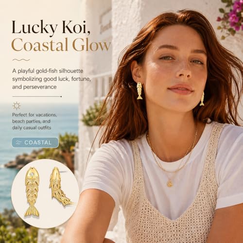 Gold Fish Earrings for Women, Articulated Moving Sardine Drop Dangle Studs with Rhinestone Eye, Quirky "Sardine Summer" Ocean Jewelry Gift for Her