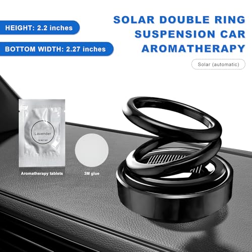 Solar Rotating Car Air Freshener, Solar Energy Refillable Car Dashboard Aromatherapy Ornament, Double Ring Fragrance Diffuser Decorative Accessories for Vehicle Home Office (Black) - color: Black