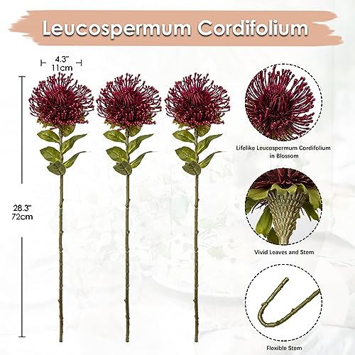 Hollyone 3Pcs Red Artificial Mum Flowers Spring Spider Mum Arrangement, Faux Pincushion Flowers, 28'' Long Stem Fake Chrysanthemum for Office, Home Decor - color: Red