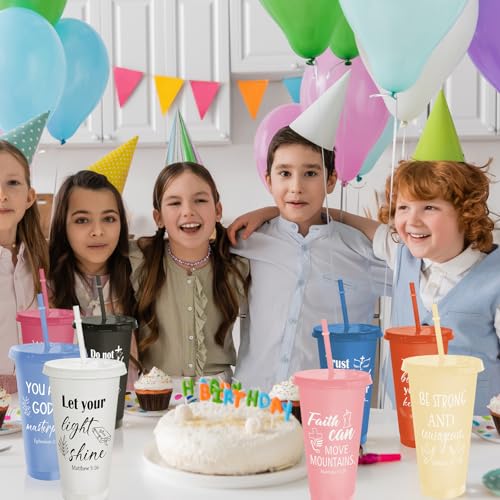 Cinrobiye 24 Pack Christian Tumblers with Lids and Straws, 24 oz Bible Verse Cups Bulk, Reusable Plastic Cups with Scripture, Religious Gifts Bulk for Church Events, Baptism, Bible Faith Celebrations - color: Morandi2